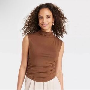 A New Day Brown Mock Neck Sleeveless Ruched Stretch Top Women’s M NWT